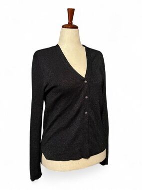 Gerard Deral V-Neck Metallic Knit Rhinestone Buttons Cardigan in Charcoal Gray